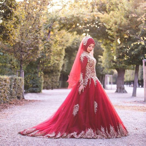 Дешевые мусульманские бордовые длинные свадебные платья с высоким воротом и длинными рукавами, тюлевые аппликации, свадебные платья, свадебное платье больших размеров, платья de243v