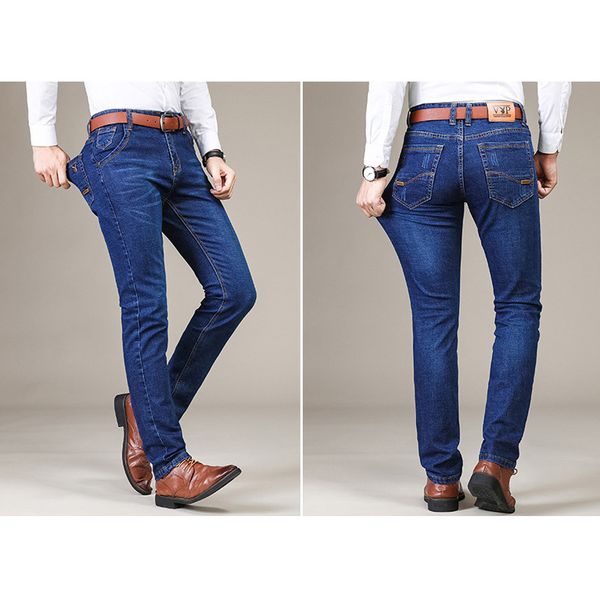 

мужские прямые джинсы мода тонкий плюс стрейч мужские брюки зимние толстые брюки 2020 новый стиль простой универсальный бизнес джинсы высоко, Blue