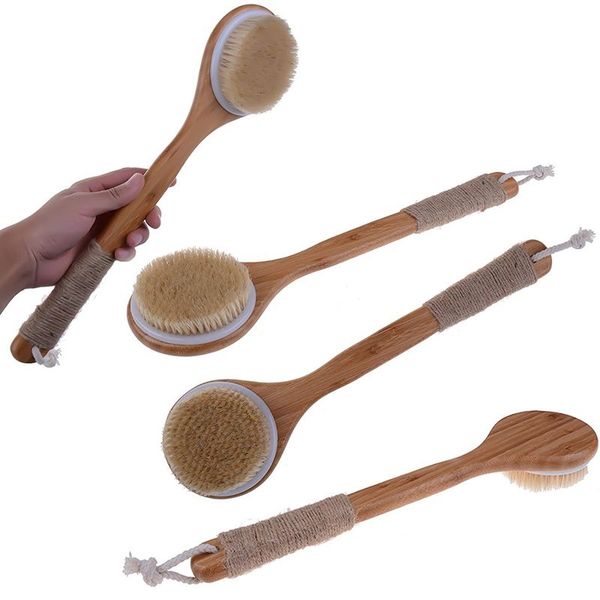 

dry skin body brush bath exfoliating brush natural bristles back scrubber with long wooden handle for shower, remove dead skin, other bath