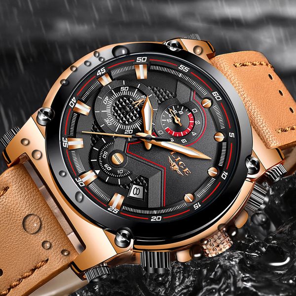 

2019 lige new watches mens fashion creative chronograph leather waterproof quartz wrist watch relogio masculino, Slivery;brown