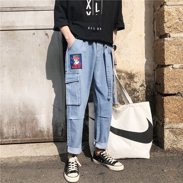 

men's jeans 2021 spring and summer korean casual fashion couple solid color straight sports large size hip hop streetwear, Blue