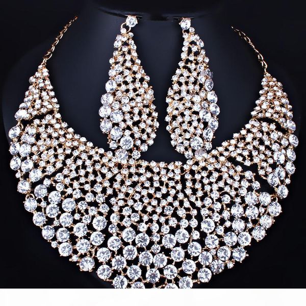 

whole salefarlena jewelry full clear rhinestones big necklace and earrings for women bridal wedding jewelry sets, Slivery;golden