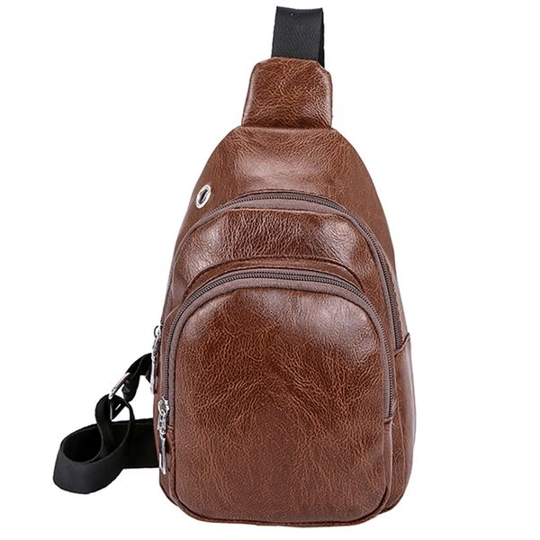 

men's chest bag men leather chest pack usb backbag with headphone hole functional travel organizer male sling bag brown