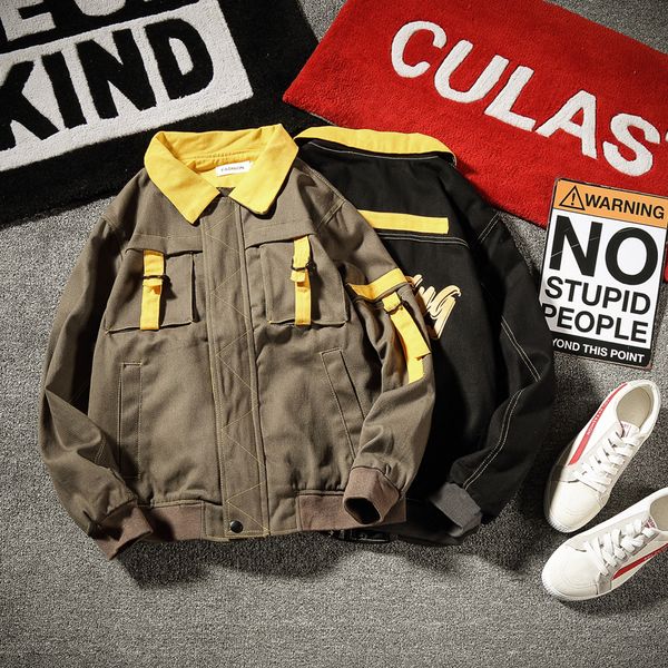 

new autumn cotton jacket men's fashion retro hit color casual tooling jacket man streetwear wild hip hop loose bomber, Black;brown