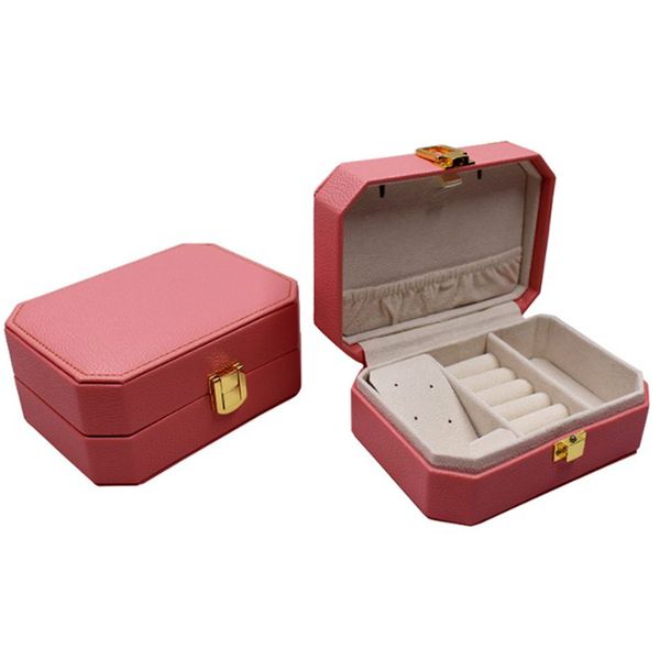 

lady pu leather jewelry box storage box ring display case portable jewelry organizer for necklaces packaging golden buckle, Pink;blue