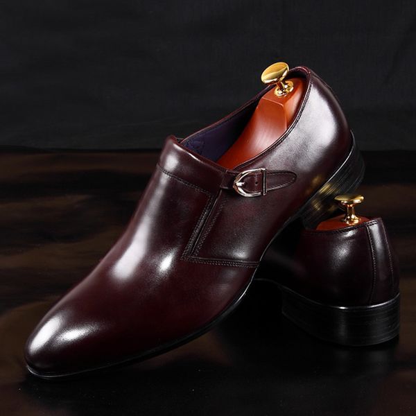 

2017 vintage man formal dress monk straps shoes male basic genuine leather party oxfords pointed toe men's bridal flats mg46, Black
