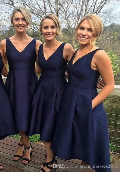 

navy blue bridesmaid dresses satin high low custom made v-neck simple maid of honor dresses evening party gowns formal prom dresses, White;pink