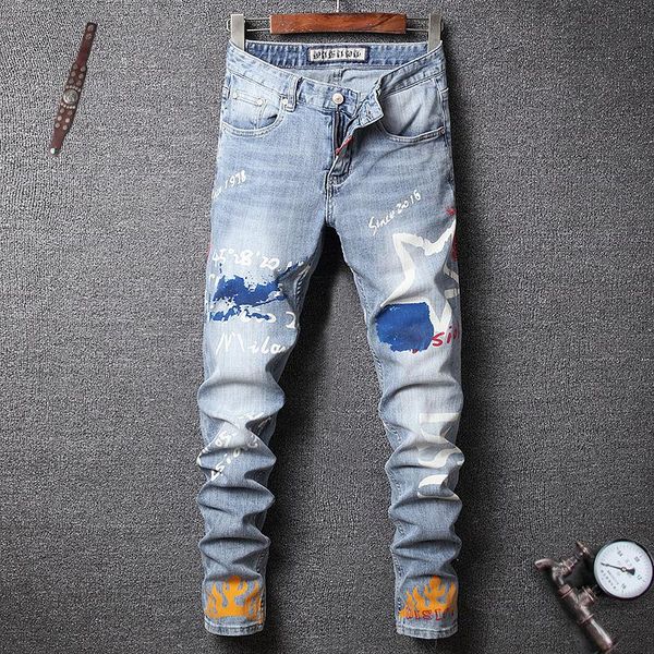 

2020 fashion high street trend printing fashion jeans men tide light blue washed hip hop stretch slim men's jeans size 28-40