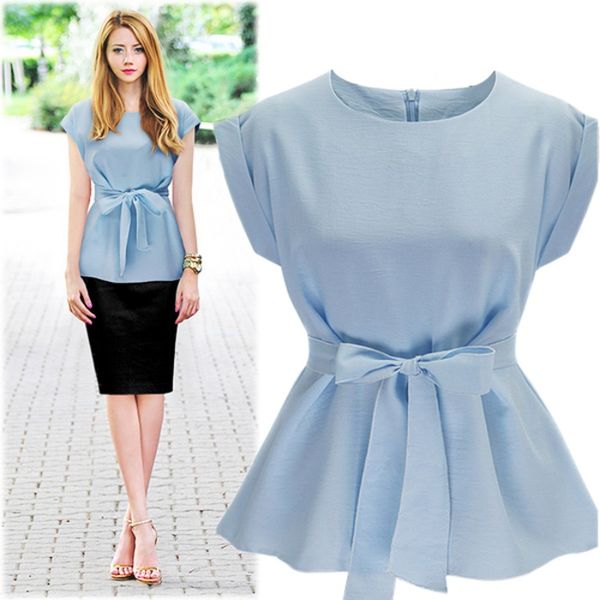 

women's blouses & shirts 2021 women fashion o-neck sleeveless belted blouse elegant chic blue summer tank femme chemise high quality, White