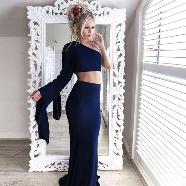 

europe fashion women's dress set single shoulder long sleeve crop + split long skirt lady 2pcs clothing set 5 colors c4633, White