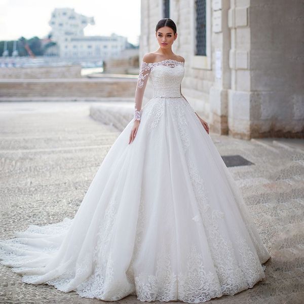 

boat neck long sleeve illusion empire waist wedding dresses 2020 princess ball gown crystal sashes lace applique bridal gowns reception, White
