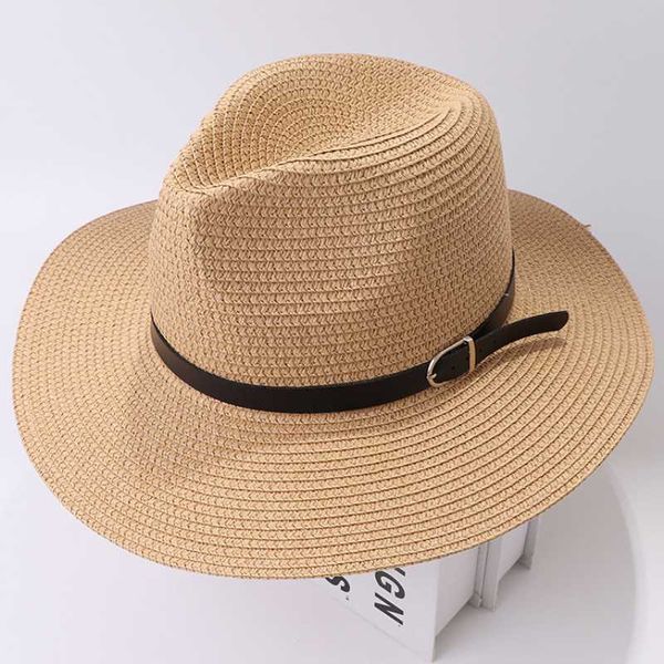 

ht3108 straw hat men women summer sun hat male female belt cowboy panama vintage men fedoras wide brim beach cap, Blue;gray