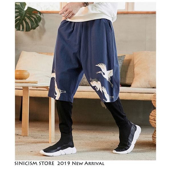 

sinicism store men chinese style 2019 autumn pants mens cotton and linen fake two-piece print pants male loose trousers 5xl, Black