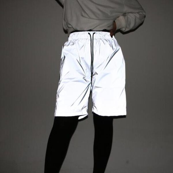 

men reflective shorts hip hop streerwear night joggers shorts mens fashion shiny short pants for couples, White;black