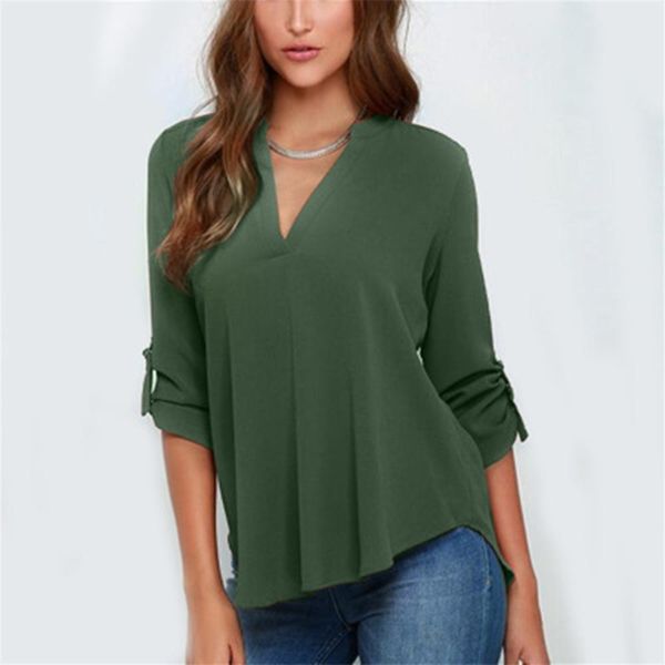 

2019 autumn solid folded sleeve shirt loose plus size 5xl long sleeve chiffon blouses new women v neck casual blouse, White