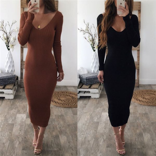 

women knit v neck long sleeve dress bohemian dress 2018 spring autumn high waist female fashion party slim fit long, Black;gray
