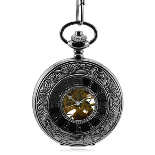 

men women pocket watch full double hunter mechanical pocket watches engraved roman numerals hand wind pocketwatch, Slivery;golden