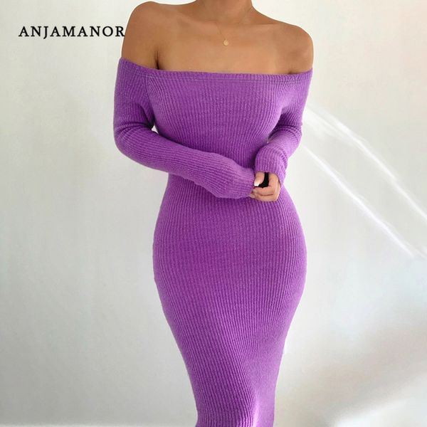 

anjamanor knitted sweater dress 2020 elegant off the shoulder long sleeve bodycon dresses ropa mujer vestidos d76-ab11, Black;gray