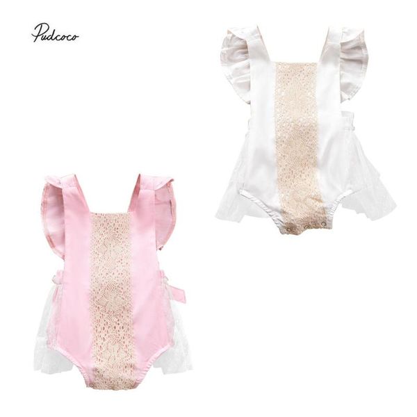 

2020 0-24m infant baby birthday party romper girl princess outfit lace sleeve ruffle tutu jumpsuit playsuit dress 2 colors, Blue