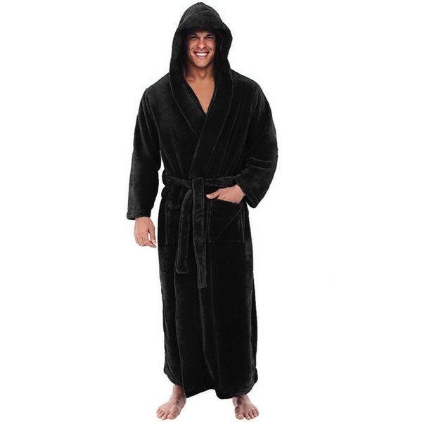 

plus size men's bathrobe winter lengthened plush shawl clothes male solid color long sleeved robe coat with hooded for homewear, Black;brown