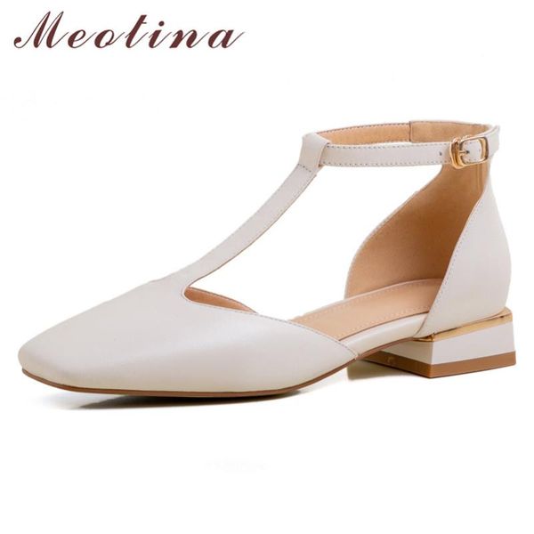 

meotina spring flats women shoes natural genuine leather flat t-strap shoes real leather buckle square toe lady size 33-40, Black