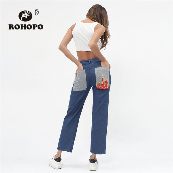 

rohopo women denim straight jeans patchwork striped back pocket flame cotton chic boyfriend denim jeans trousers, Blue