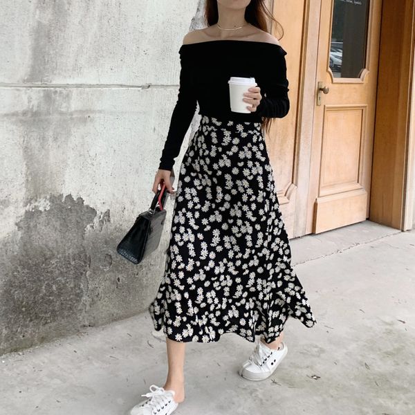 

printed skirt 2020 summer new high waist a-line floral vintage girl female casual loose fashion streetwear commuting b160, Black