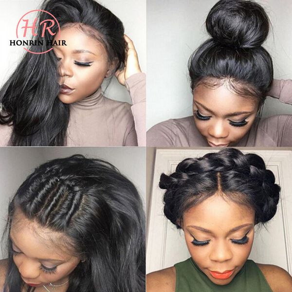 

honrin hair silky straight brazilian virgin human hair full lace wig pre plucked with baby hair 130% density lace front wig bleached knots, Black;brown