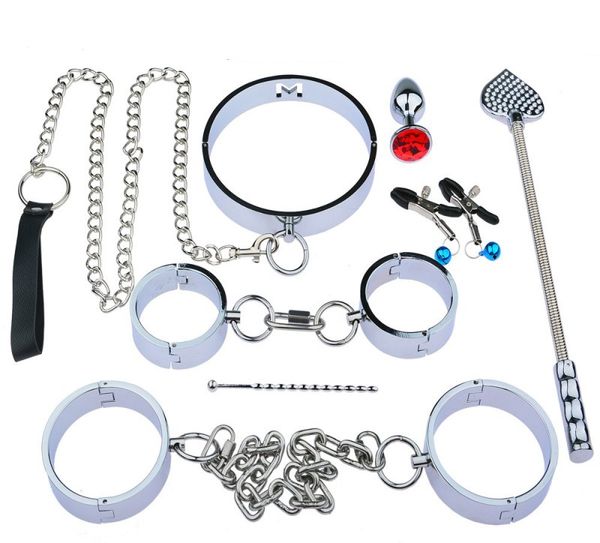 Lucchetto Collare Polsini Della Caviglia Catene In Acciaio Inossidabile Imbracatura Bondage Gear Schiavo Adulto BDSM Set S5211