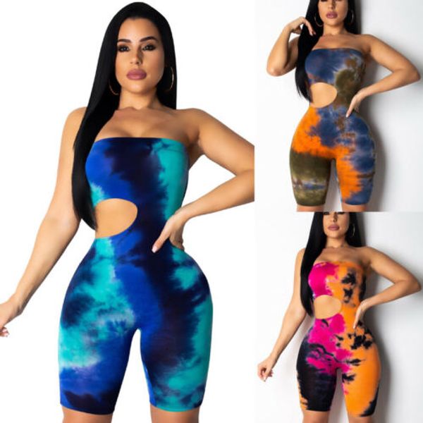 

women strapless colorful short jumpsuit romper tie-dyed playsuit hollow out backless summer casual playsuits new, Black;white