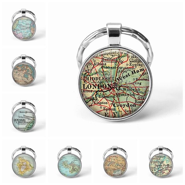 

metal key chains handmade vintage london world map earth geography key chain glass dome keychains for men women gift, Slivery;golden