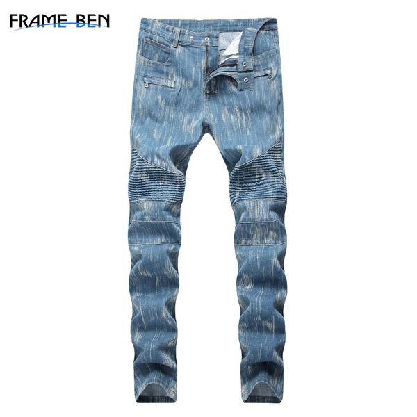 

frame ben mens cool designer brand black jeans skinny destroyed stretch slim fit hop hop pants men clothes streetwear, Blue