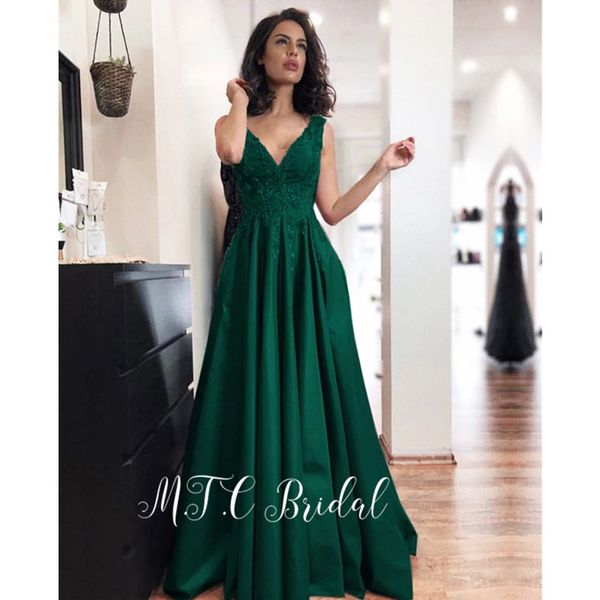 

elegant green long arabic evening dress 2019 lace appliques v neck a line formal occasion satin dresses cheap, White;black