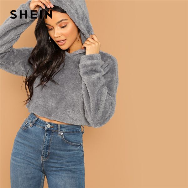 

new grey minimalist solid drop shoulder crop teddy hoodie sweatshirt autumn casual fashion women pullovers sweatshirts, Black