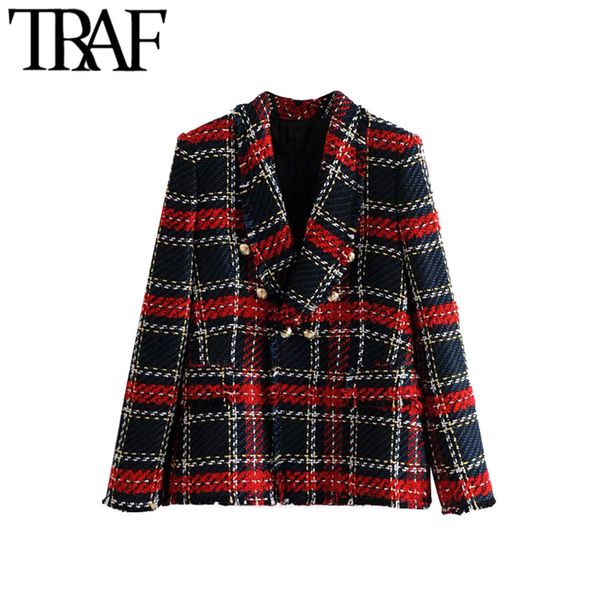 

traf women tweed blazer vintage double breasted frayed checked coat long sleeve pockets plaid outerwear chic lady office, White;black