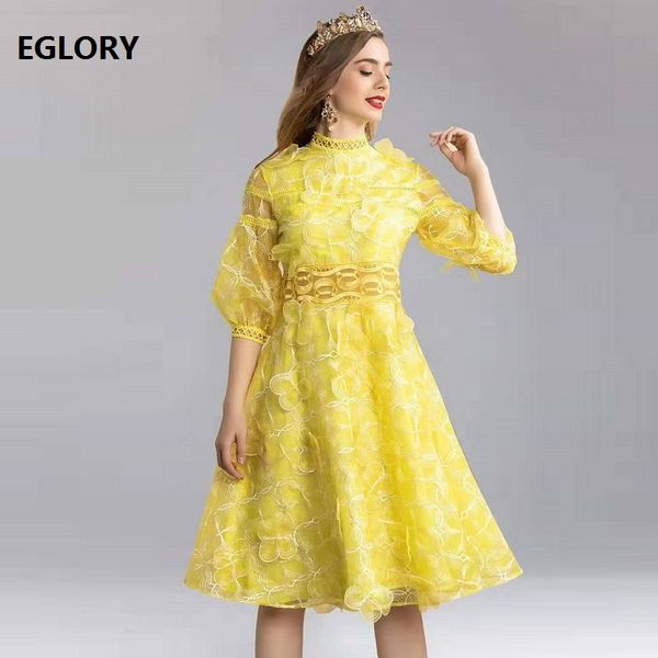 

casual dresses 2021 spring summer party gorgeous dress women luxurious embroidery lantern sleeve big swing pink yellow, Black;gray