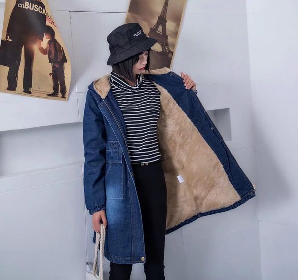 

japanese-style artistic retro solid color faded berber fleece thick hooded cowboy cotton-padded clothes cotton coat women's dres, Blue;black