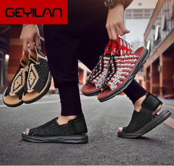 

2020 male handmade weave beach sandals man elastic sandals summer men casual shoes fashion open-toed comfortable loafers, Black