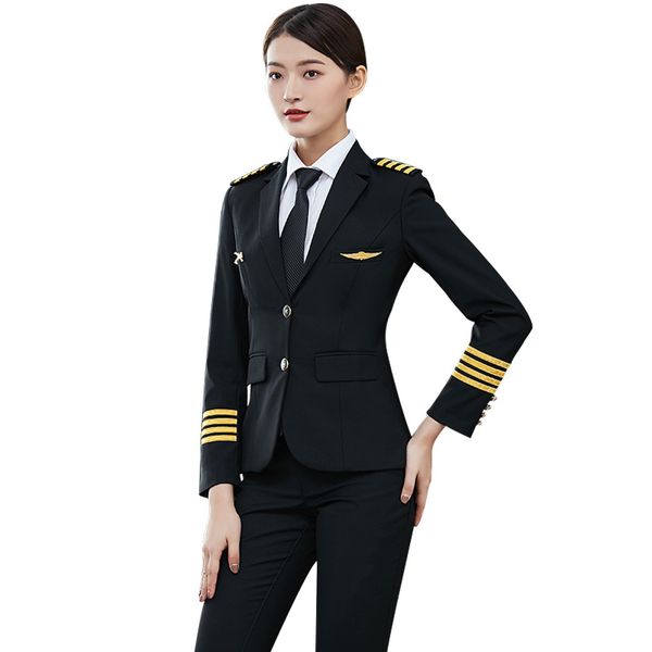 Airline-Uniformanzug, weibliche Pilotin, Kapitänsuniform, Frau, Hut + Mantel + Hose, Flugbegleitung, Hotelverkaufsleiterin, Berufskleidung