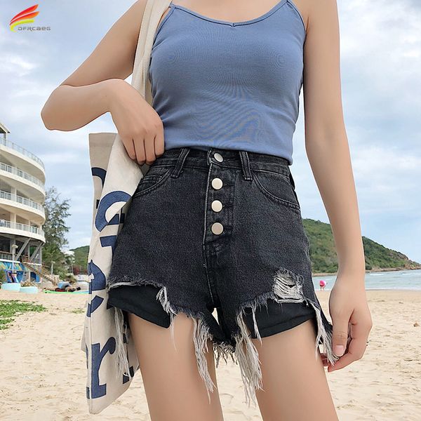 

black single button woman denim shorts 2019 fashion high waist summer jeans shorts with hole streetwear style all match short, White;black