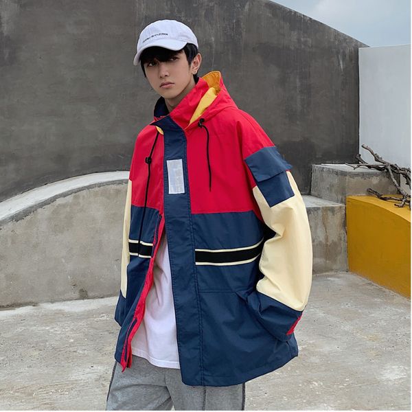 

men's jacket 2019 autumn and winter new color matching hooded jacket youth personality fashion trend men's clothing, Black;brown