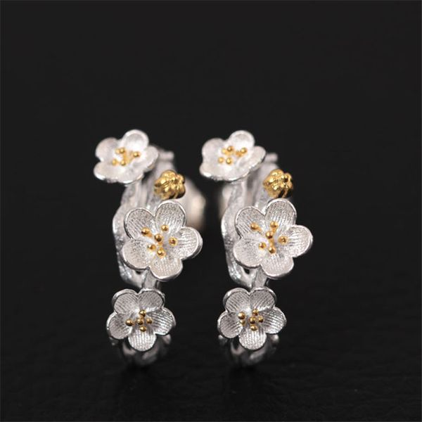 

925 sterling silver plum stud earrings female ethnic handmade blooming flower wedding earring for women mother gifts, Black