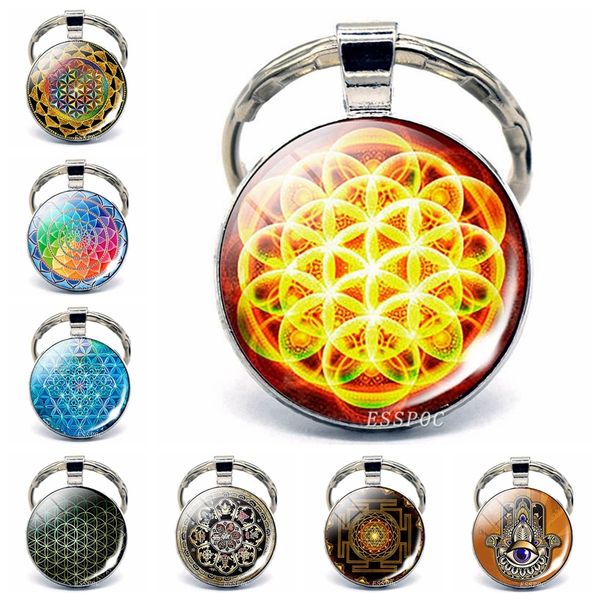 

mandala keychain flower of life key chain sacred geometry yoga jewelry art buddhist glass cabochon pendant fashion accessories, Silver