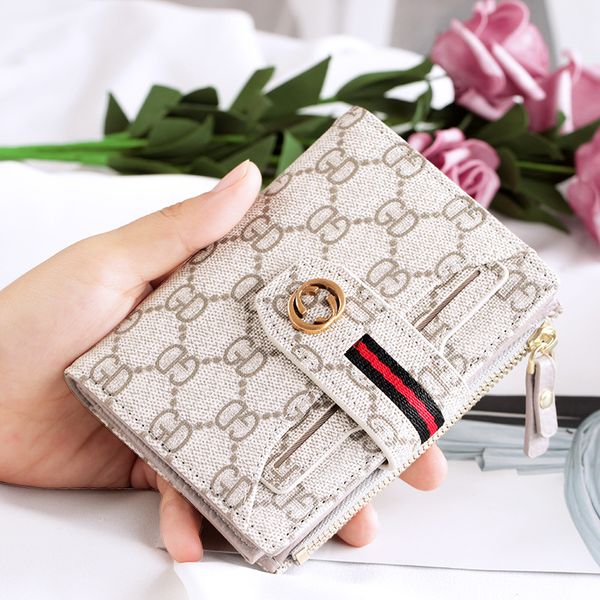 

Fa hion cla ic retro leather luxury ladie wallet hort print multi card po ition buckle wallet card package holder card