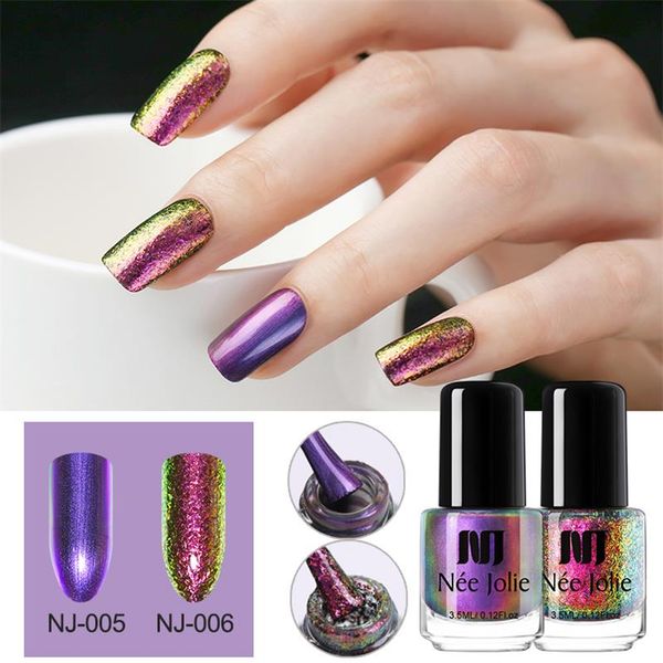 

nee jolie 2 bottles chameleon nail polish 3.5ml flake nail art varnish purple gold shining sequins lacquer black base neede