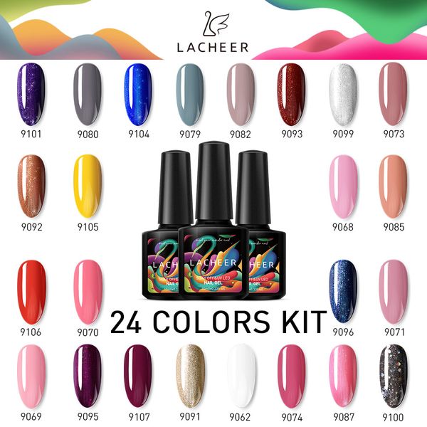 

lacheer 24pcs/lot nail gel polish 10ml nail art manicure shiny color gel soak off semi permanent uv shiny color, Red;pink
