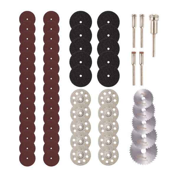 

shgo 60pcs cutting wheel set 1/8 inch shank diamond cutting wheel, mini hss saw blades, resin cutoff disc combo cutter kit w