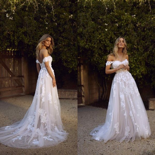 

новая страна boho линия, свадебные платья sexy backless линия плеча аппликация тюль длинные летние свадебные платья богемское bm1510, White