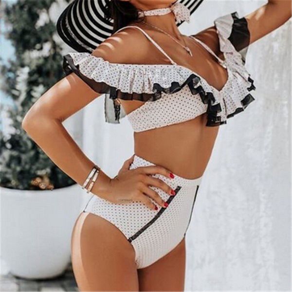 

2019 new women deep ruffles neck high waist bikini set push up swimsuit bathing suits summer beach swimwear, White;black