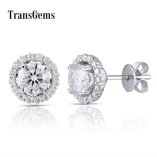 

transgems 18k 750 white gold center 5mm f color clear moissanite stud earring with accents jackets push back for women, Golden;silver